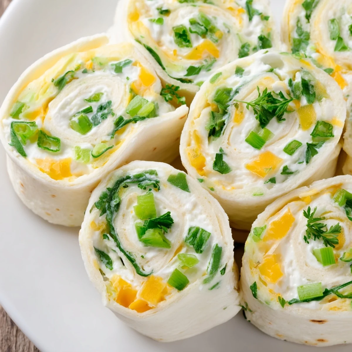 Cream cheese pinwheels spiraled with colorful peppers, green onions, and cheddar on a serving platter