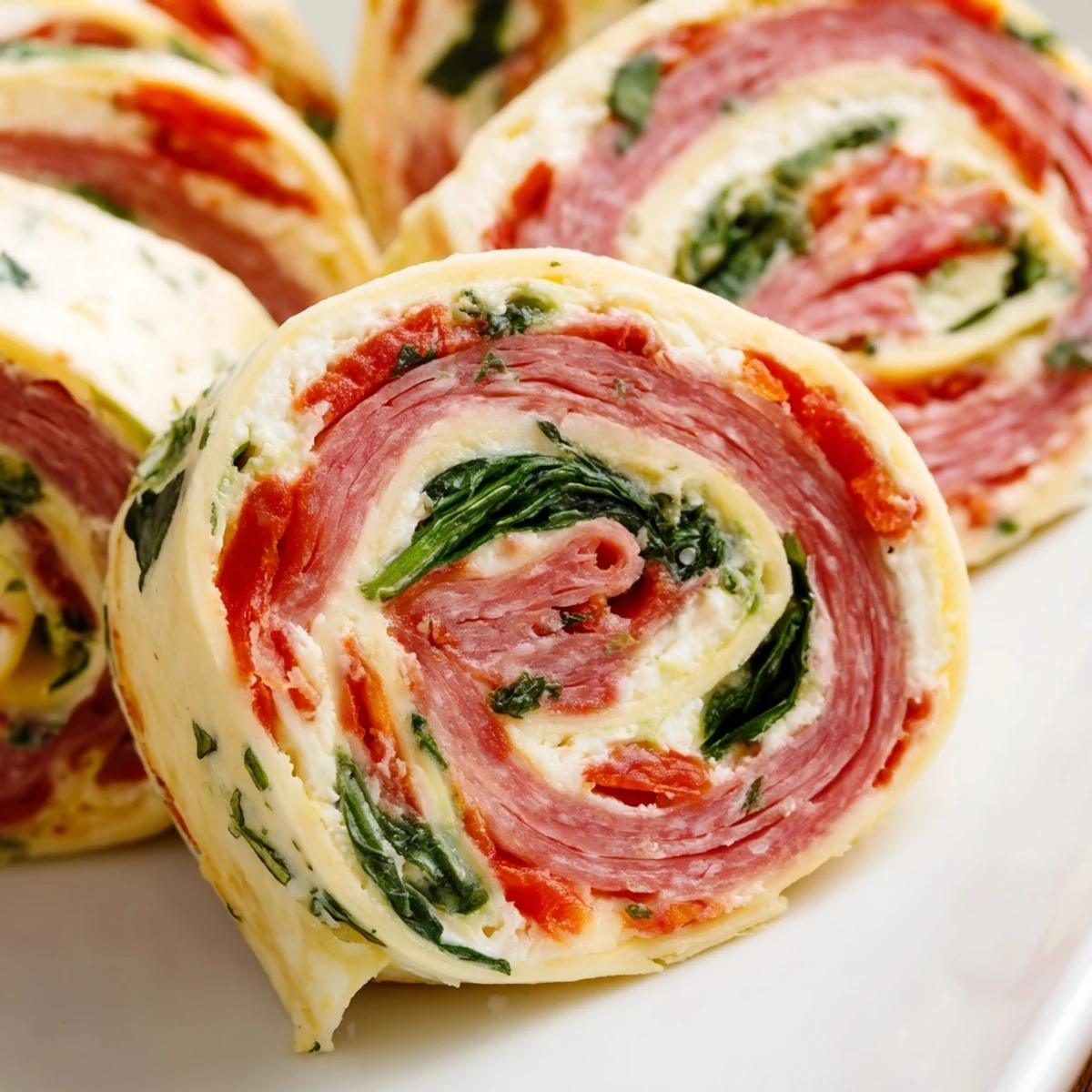 Sliced Italian pinwheel spirals revealing layers of salami, ham, pepperoni, and fresh green spinach