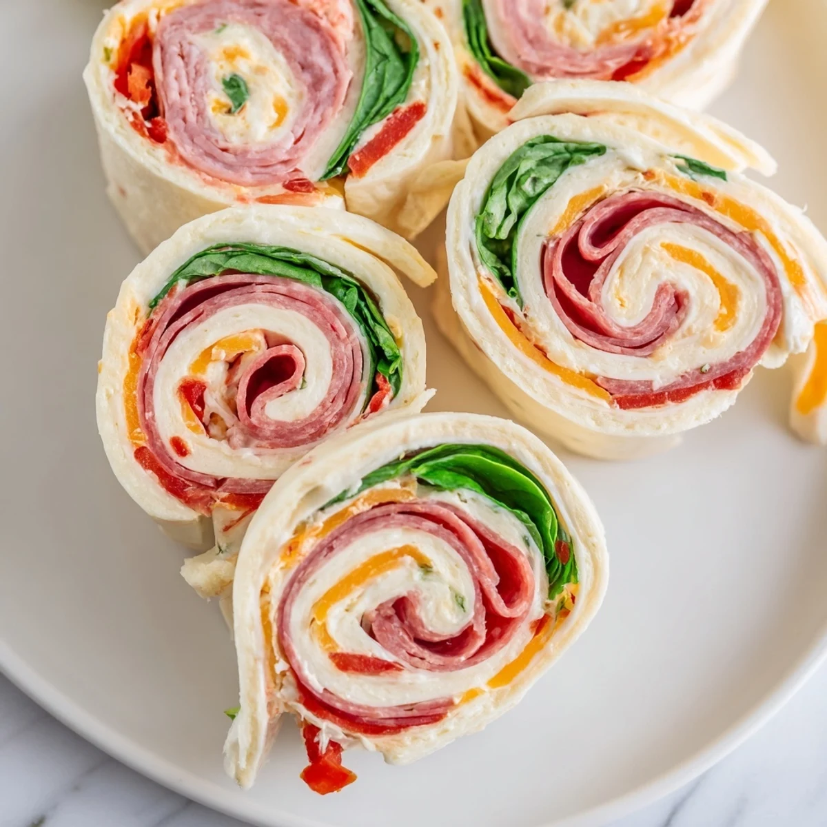 Tasty Italian pinwheels arranged on a serving platter with colorful roasted red pepper cream cheese filling