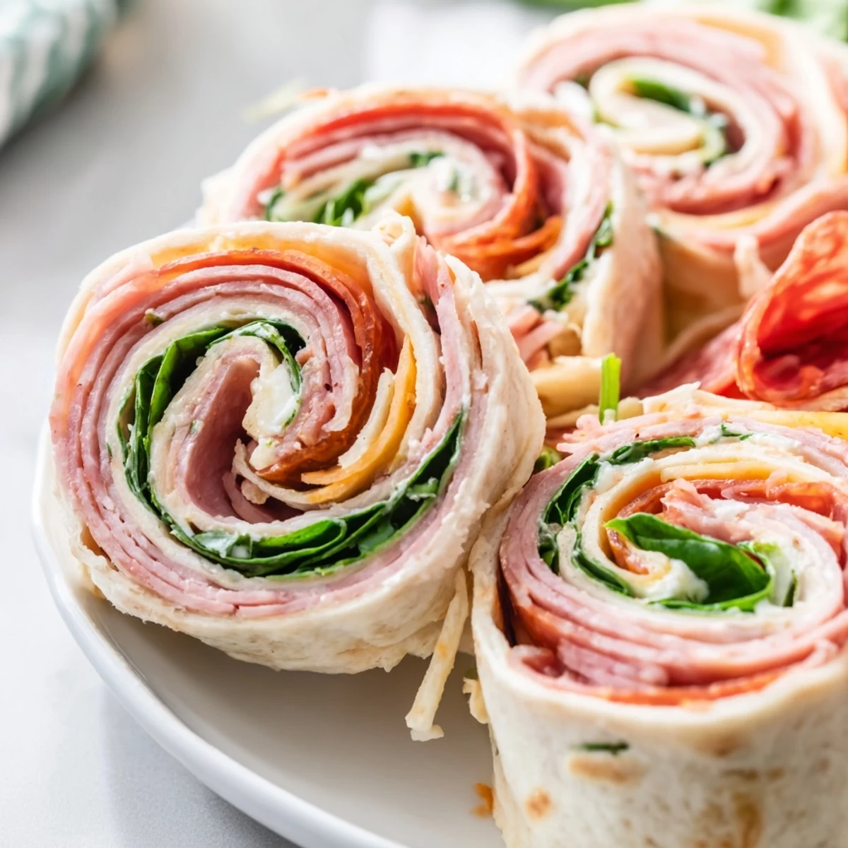 Close-up of circular Italian pinwheels stuffed with cured deli meats and melted provolone cheese