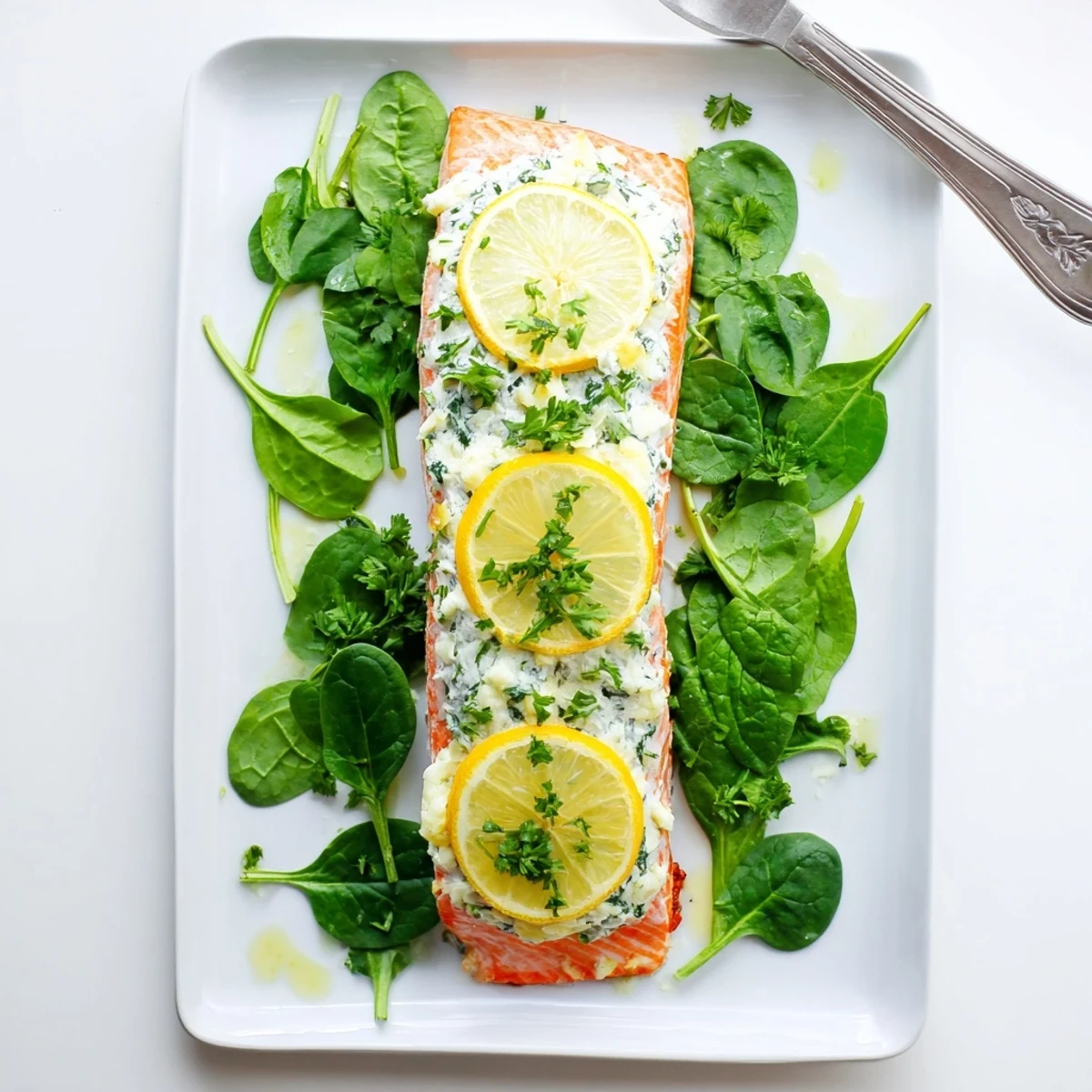 Golden baked salmon fillet topped with creamy Boursin cheese and fresh lemon slices on a baking sheet