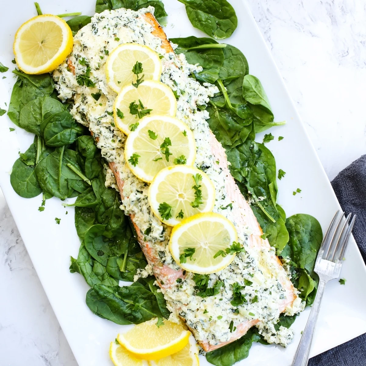 Flaky baked Boursin salmon with herb cheese melting over tender fish garnished with fresh dill