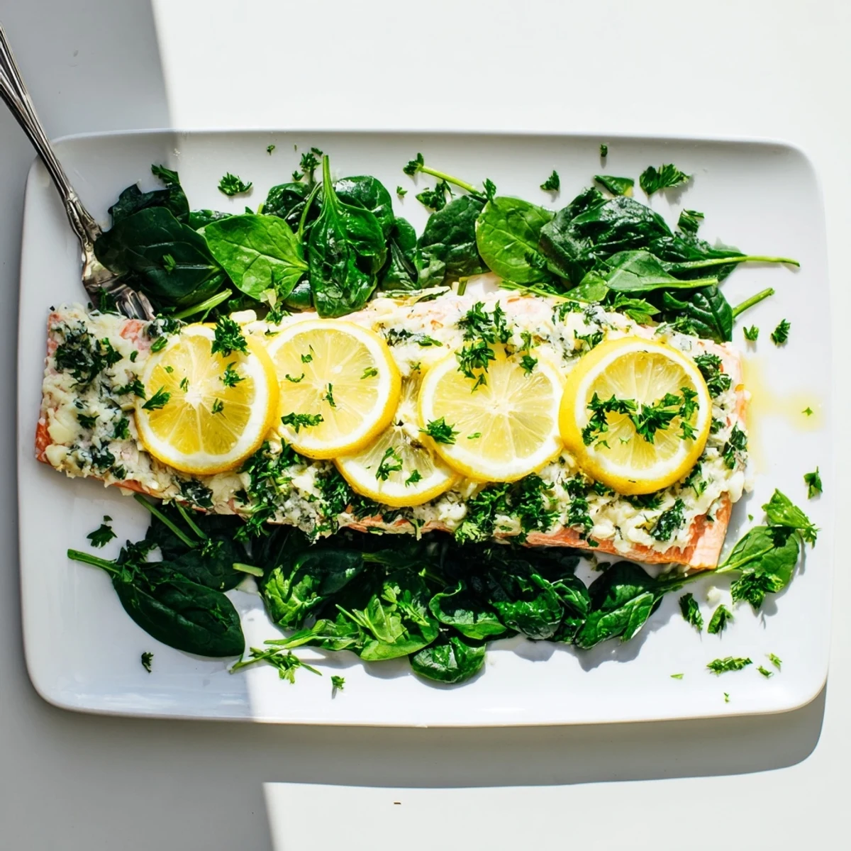 Weeknight dinner featuring baked salmon with creamy garlic herb Boursin topping and wilted spinach alongside