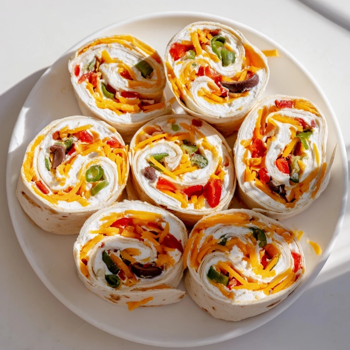 Colorful spiral of easy tortilla pinwheels filled with creamy cheese and fresh vegetables
