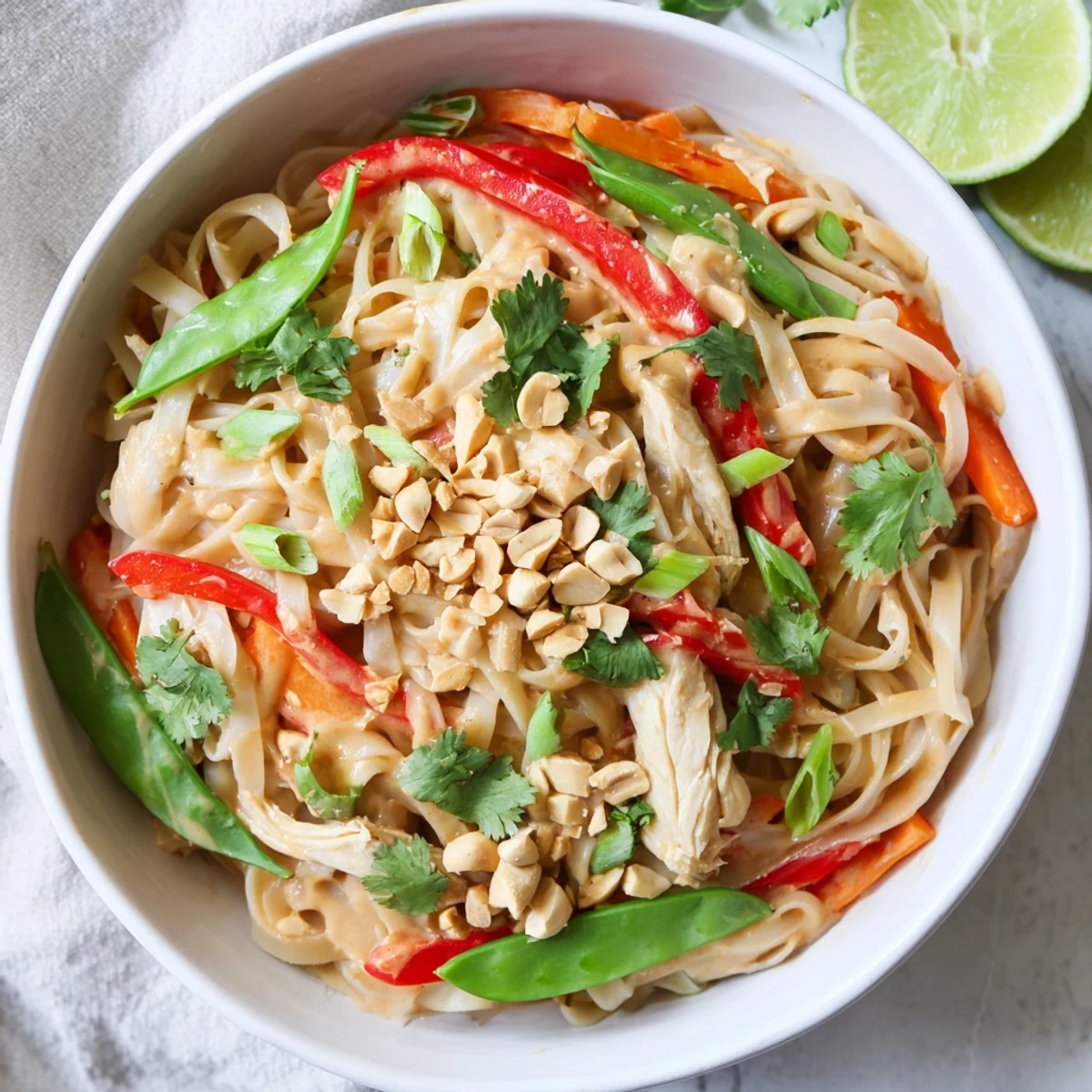 Golden chicken and crisp vegetables coated in rich Thai peanut chicken noodle bowls