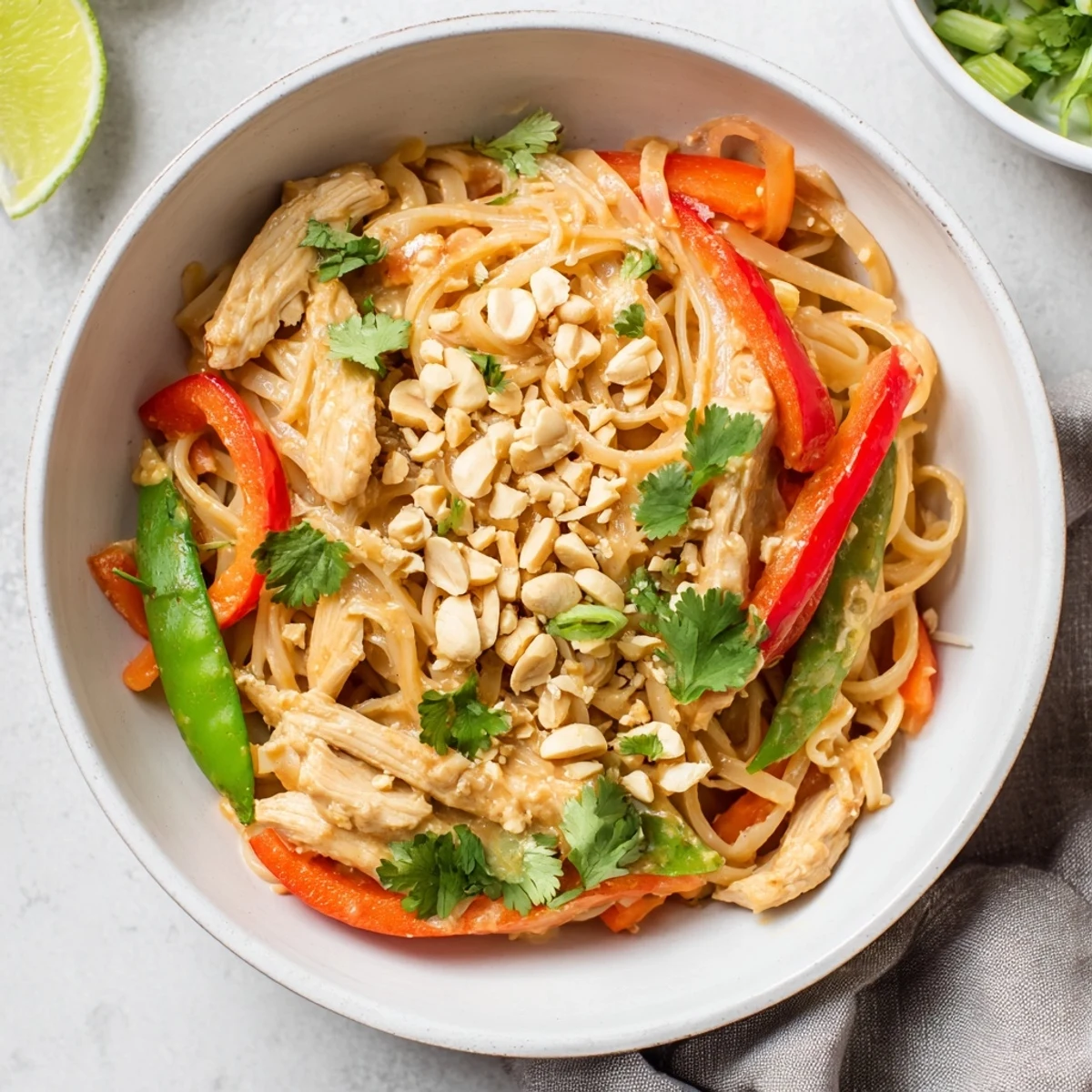 Savory Thai peanut chicken noodle bowls garnished with roasted peanuts and fresh cilantro