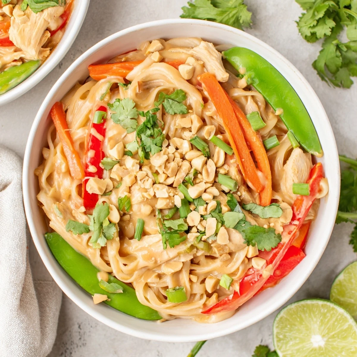 Creamy peanut sauce glazed Thai peanut chicken noodle bowls with colorful peppers and snap peas