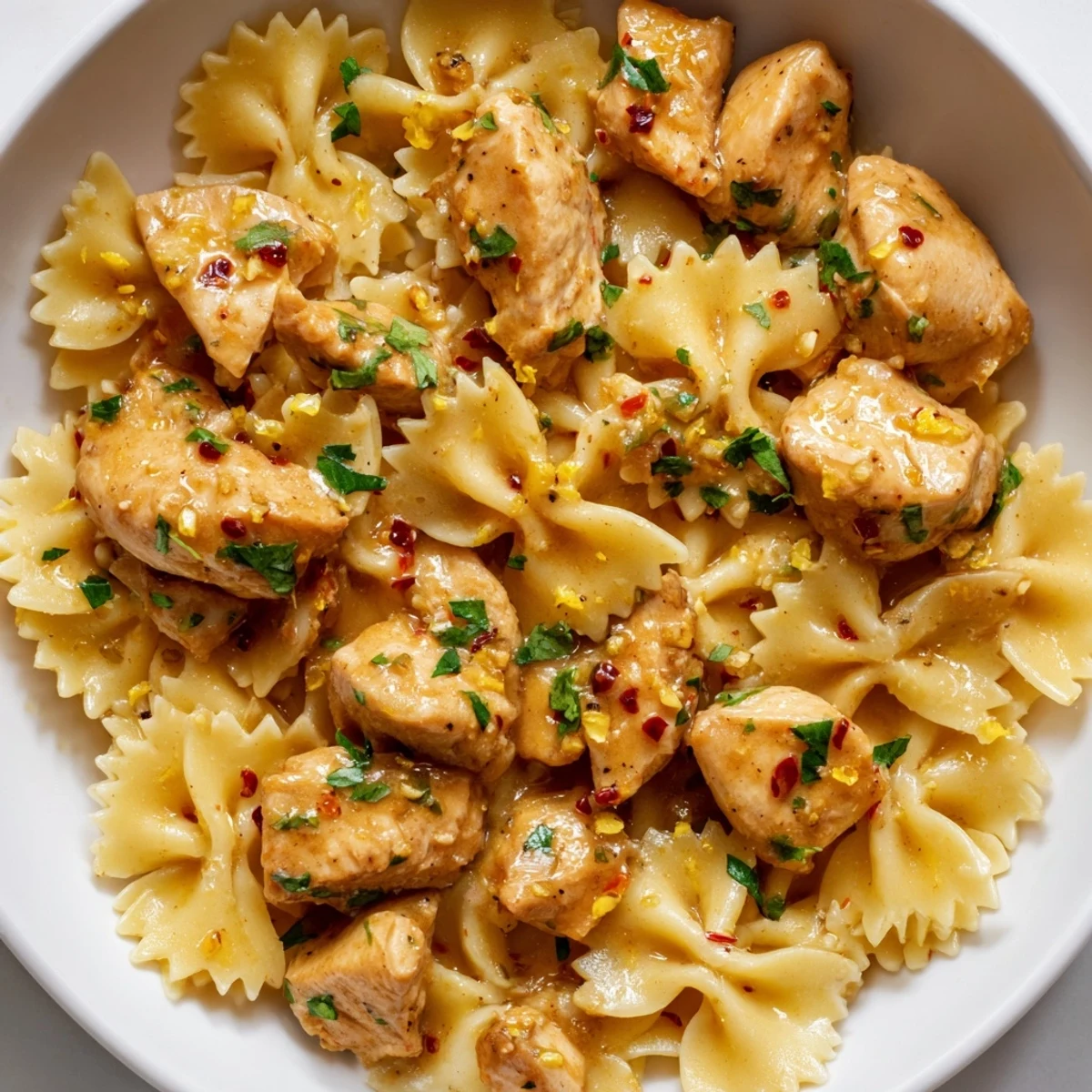 Golden bowtie pasta and tender chicken coated in creamy lemon cowboy butter sauce with fresh herbs