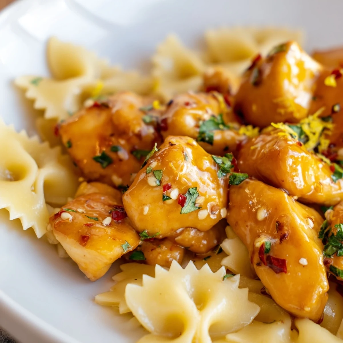Zesty low carb cowboy butter lemon bowtie chicken served in a white bowl with parsley garnish