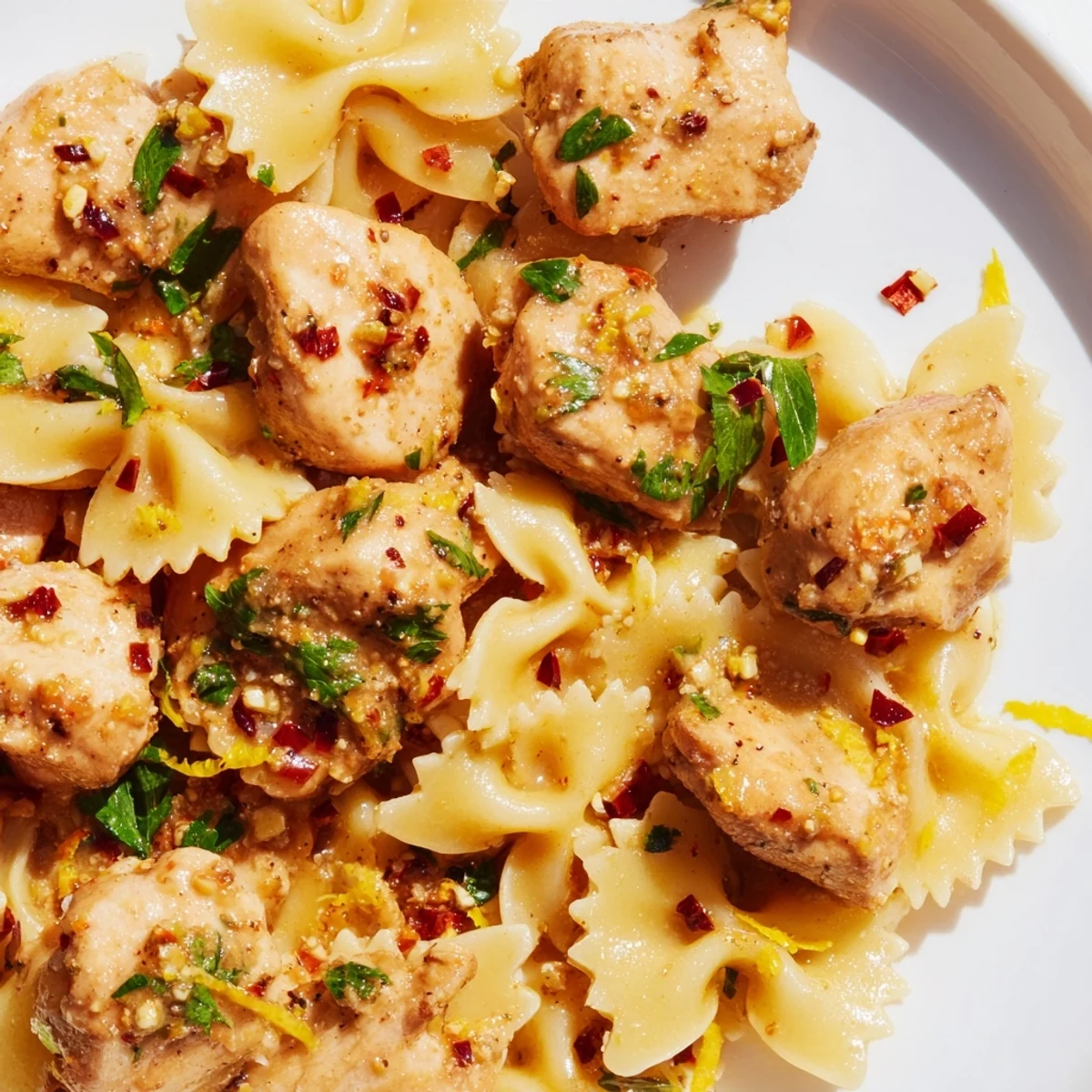 Plate of keto-friendly chicken and pasta tossed in lemon garlic butter sauce with red pepper flakes