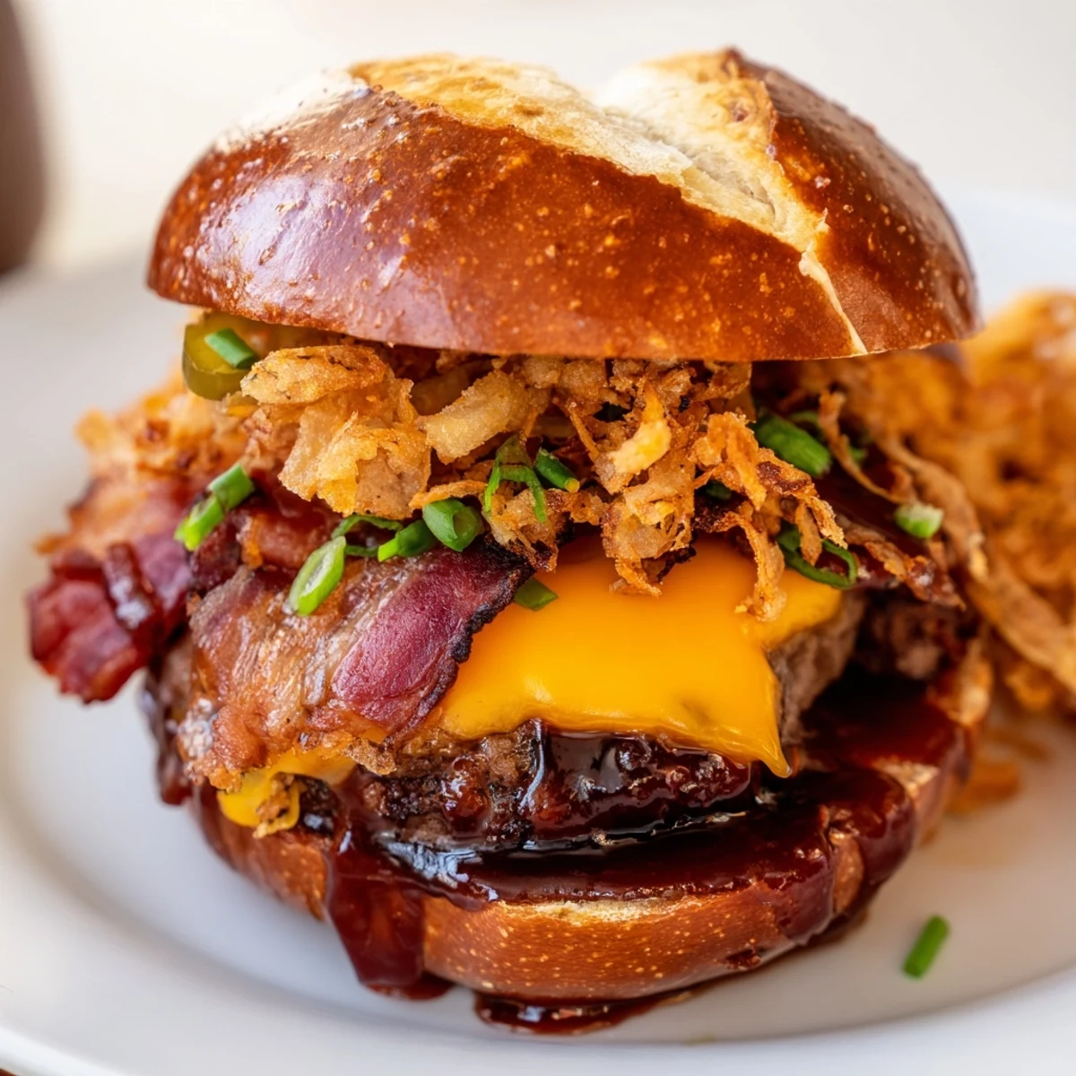 Golden pretzel bun sliders stacked with juicy beef patties, melted cheddar cheese and crispy bacon