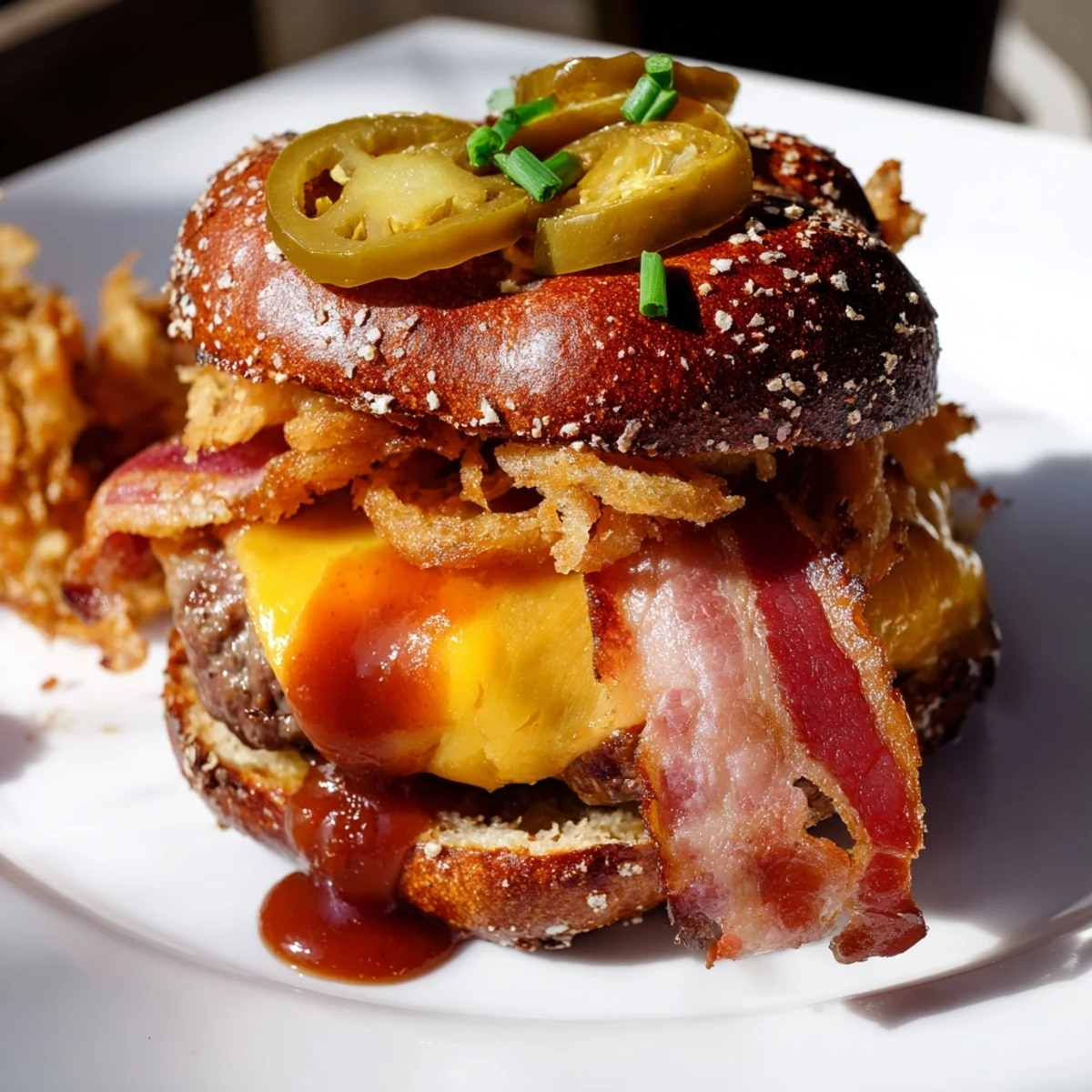 Savory Pretzel Cowboy Sliders topped with fried onions, barbecue sauce and fresh chives on a wooden board