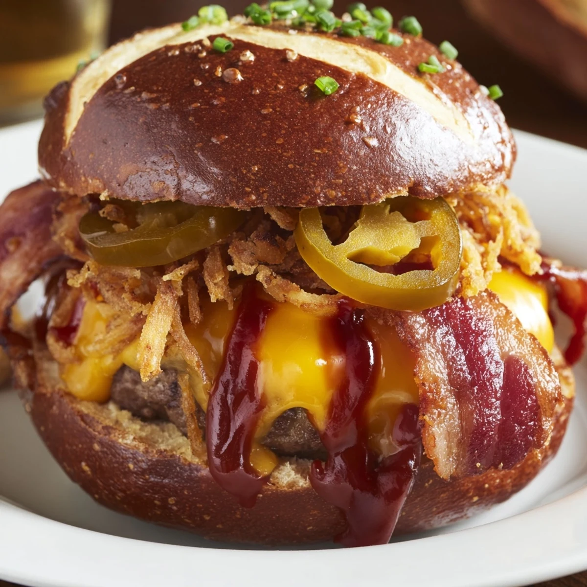 Close up of Pretzel Cowboy Sliders on pretzel buns with melted cheese, bacon and tangy barbecue sauce