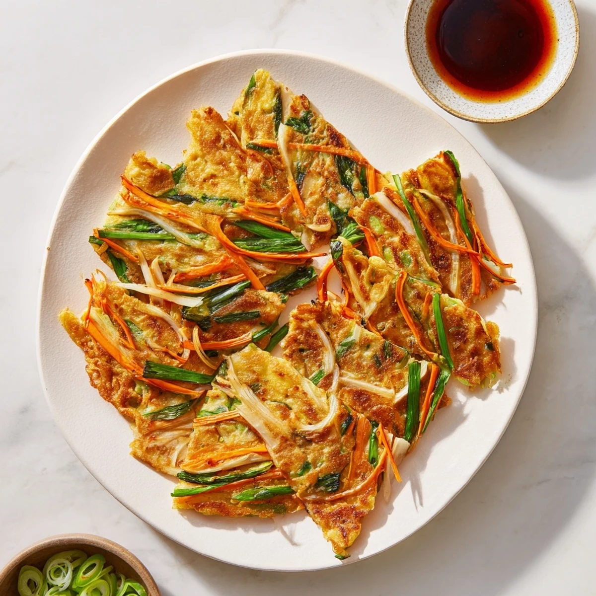 Hot Korean pancakes with a crunchy golden crust revealing tender scallions and carrots inside, perfect for appetizers
