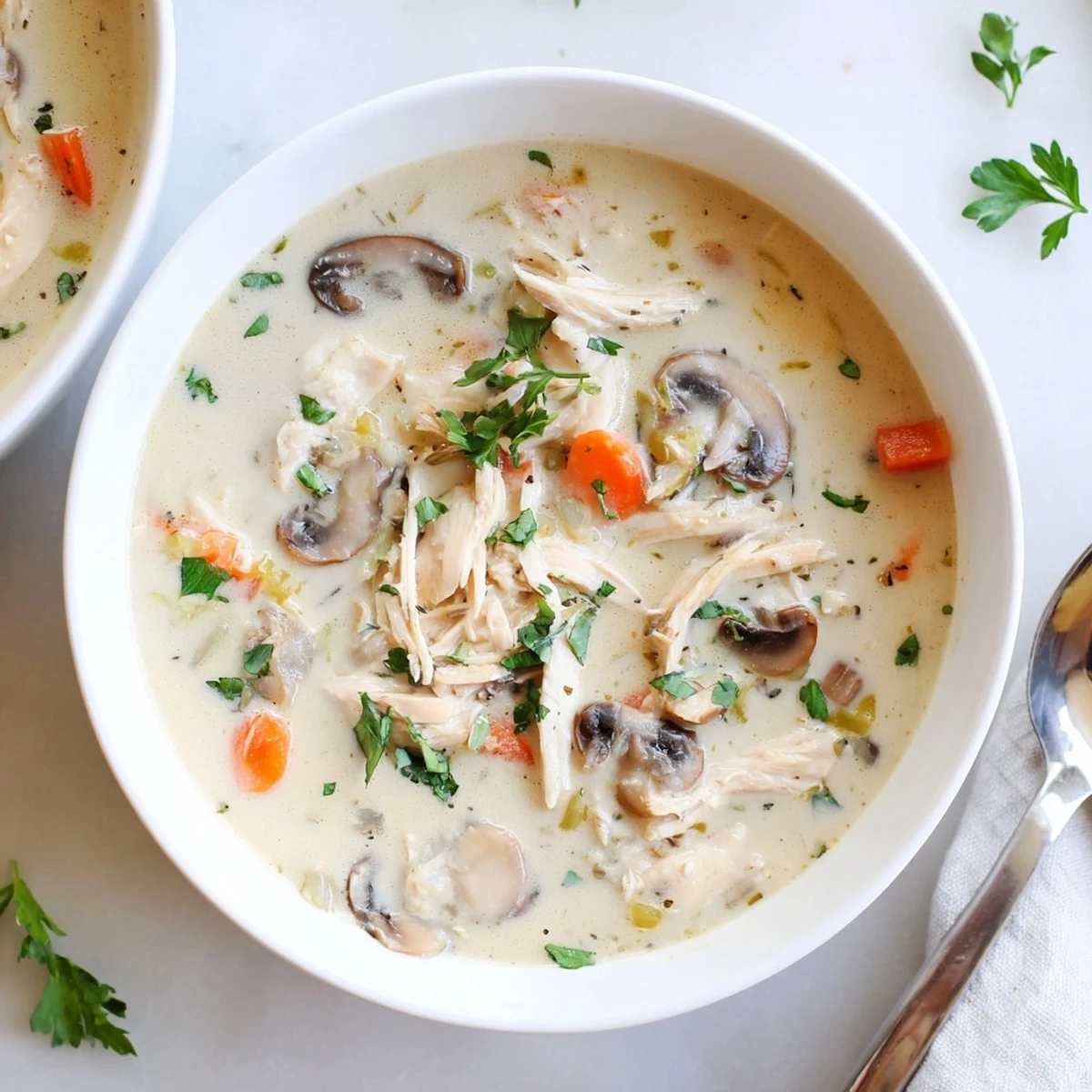 Spoon lifting velvety rotisserie chicken mushroom soup topped with green parsley flakes