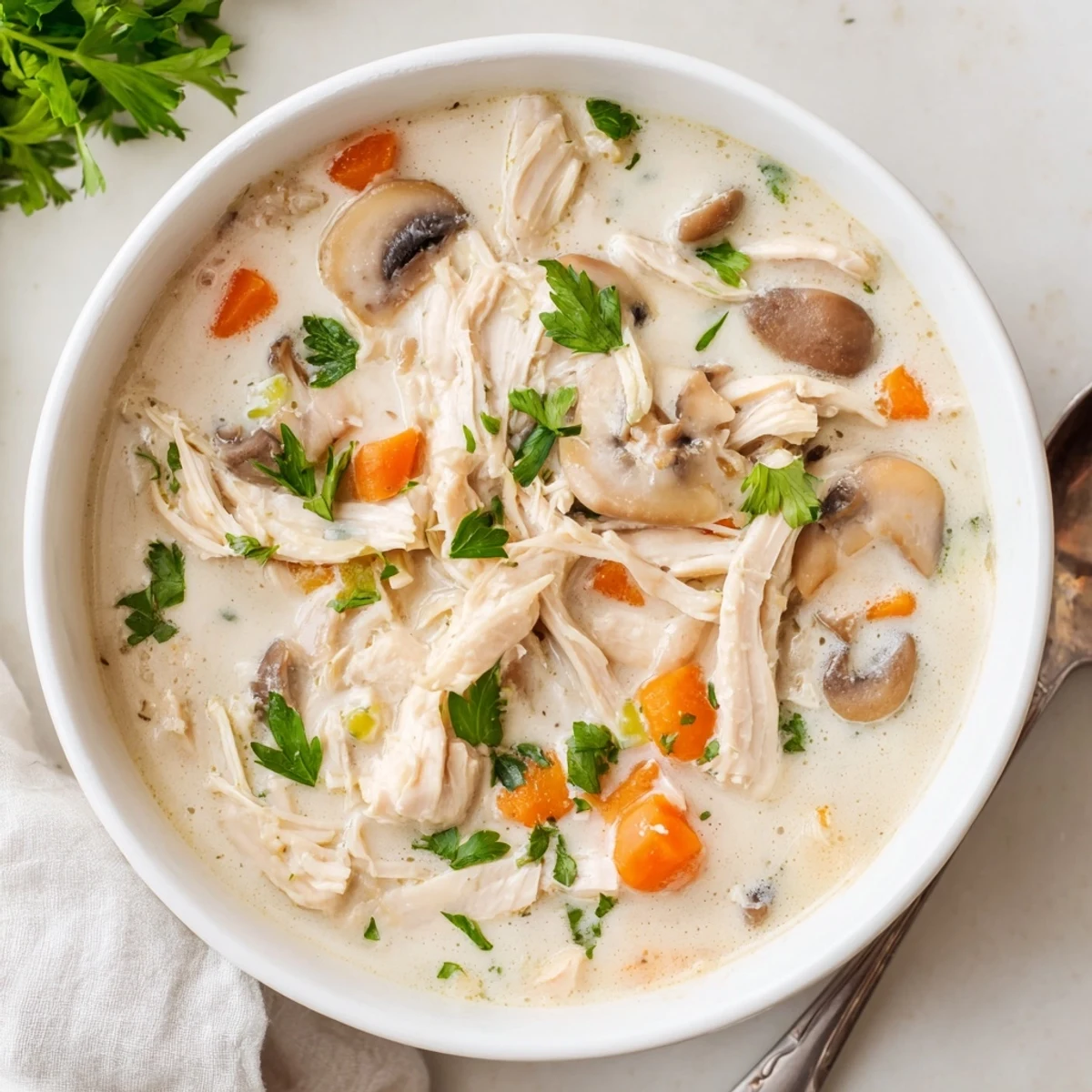 Steaming bowl of creamy rotisserie chicken mushroom soup with earthy sliced mushrooms