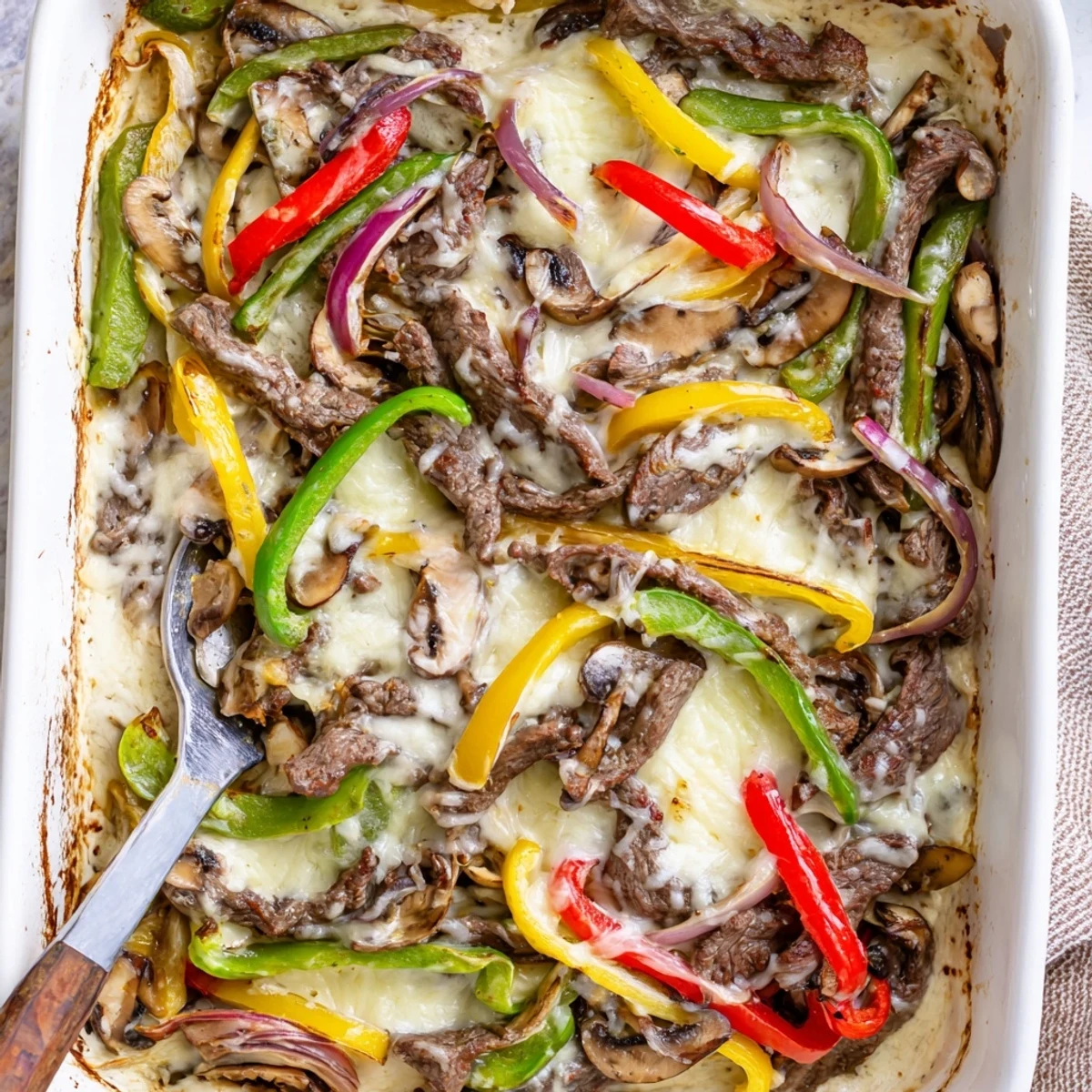 Golden bubbly Low Carb Philly Cheesesteak Casserole with melted provolone and mozzarella topping tender beef slices
