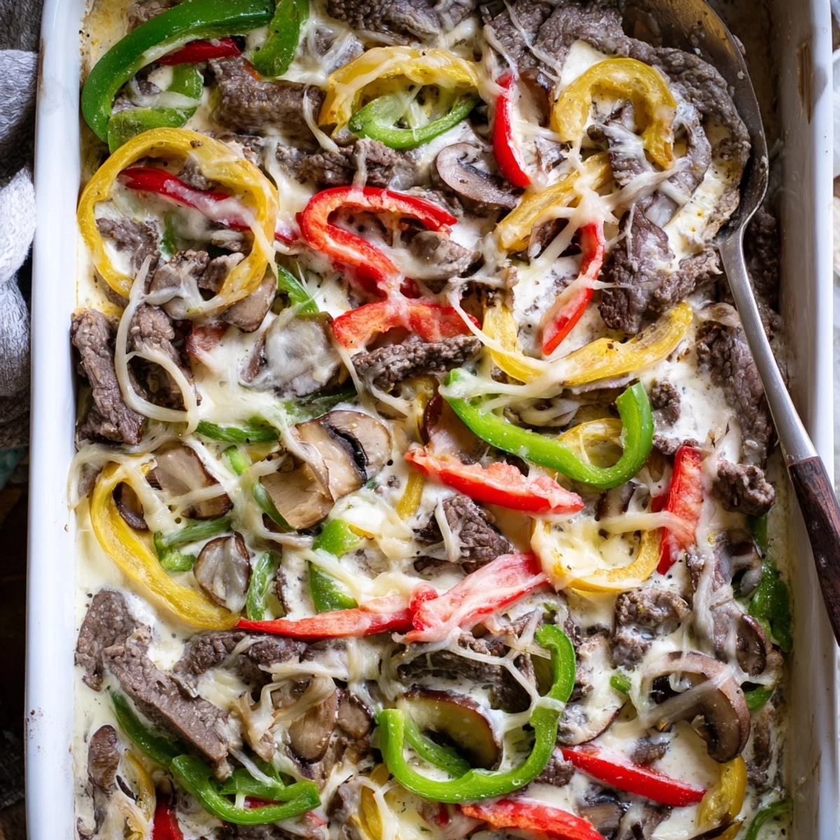 Savory beef and vegetable Low Carb Philly Cheesesteak Casserole fresh from the oven with peppers and onions