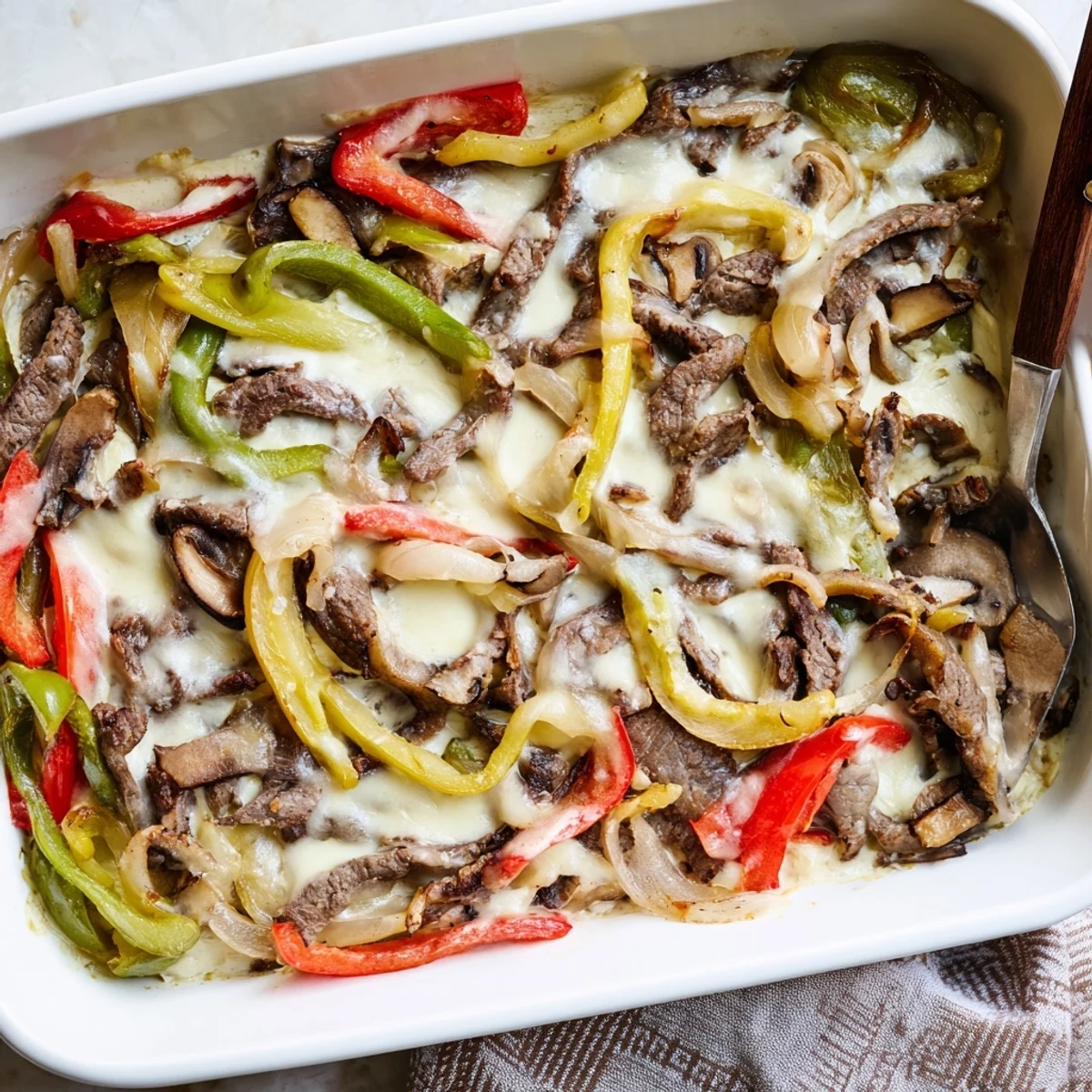 Creamy Low Carb Philly Cheesesteak Casserole featuring sliced beef bell peppers and gooey melted cheese layer