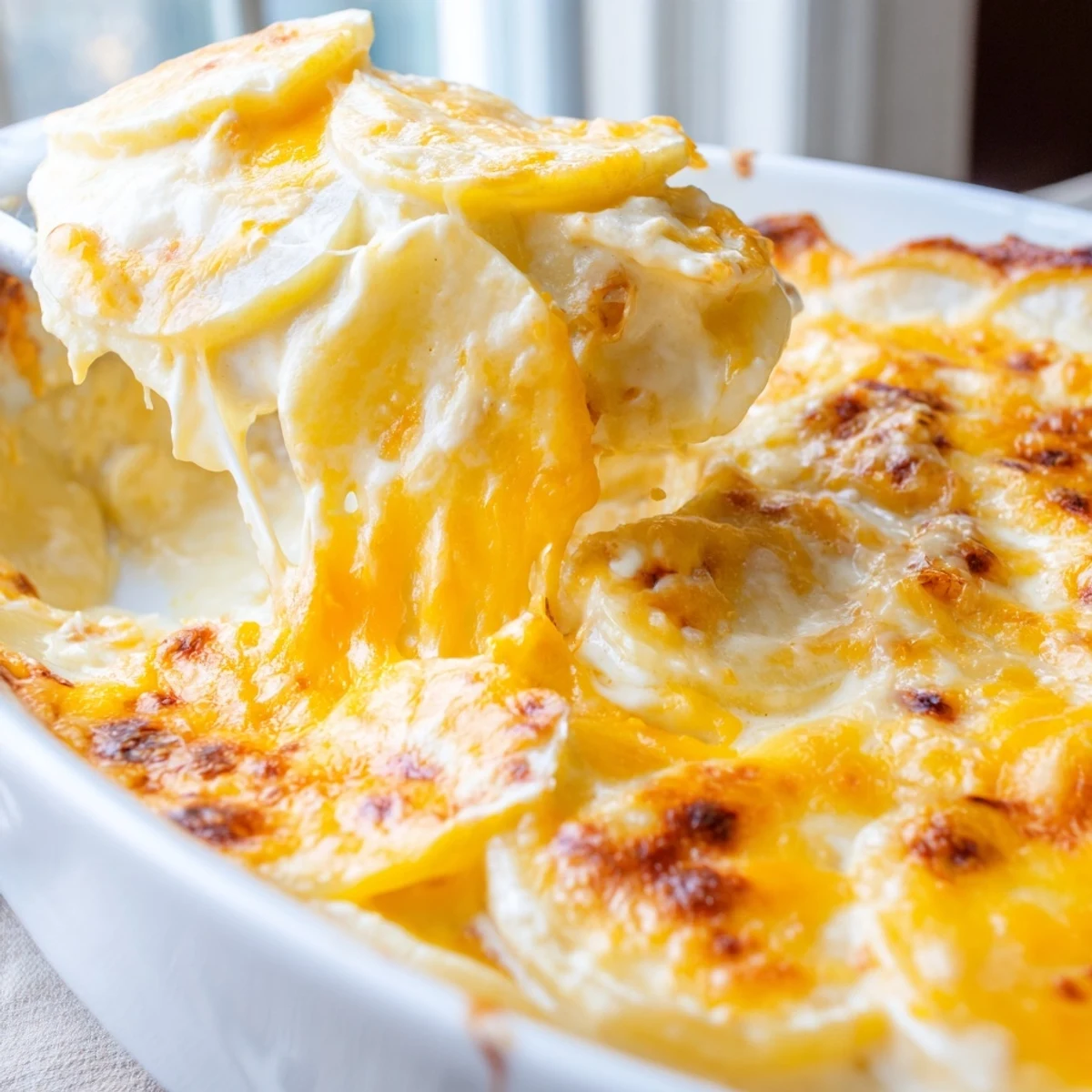 Golden baked cheesy scalloped potatoes in a white rectangular dish with bubbling cheese topping