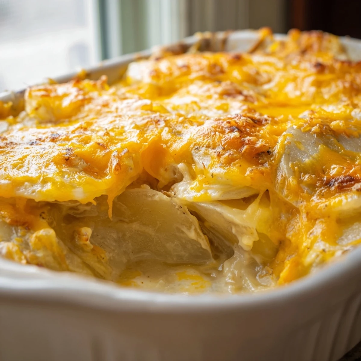 Creamy layered cheesy scalloped potatoes arranged in overlapping slices with melted cheddar parmesan crust