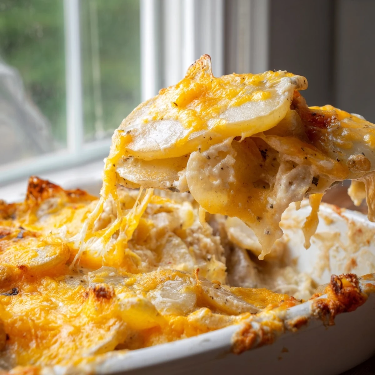 Homemade cheesy scalloped potatoes fresh from the oven showing golden brown edges and rich sauce