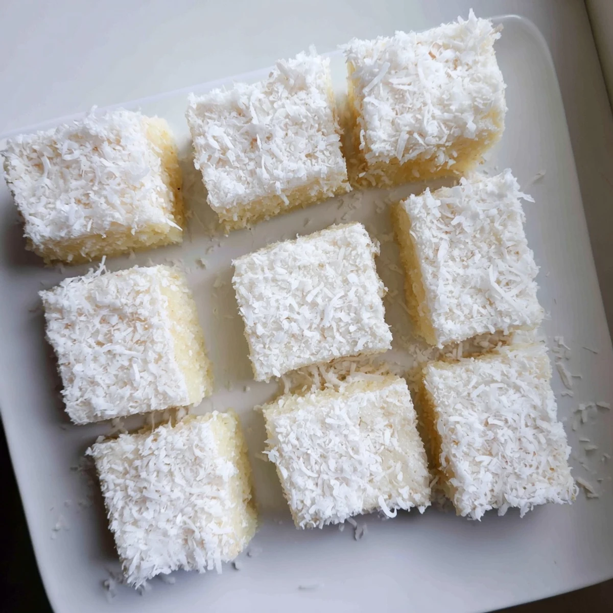 Chewy coconut mochi cake squares with golden edges and snowy coconut topping