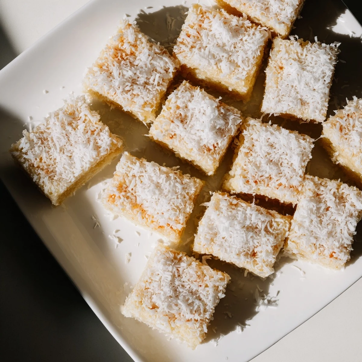 Golden coconut mochi cake topped with toasted shredded coconut on a white plate