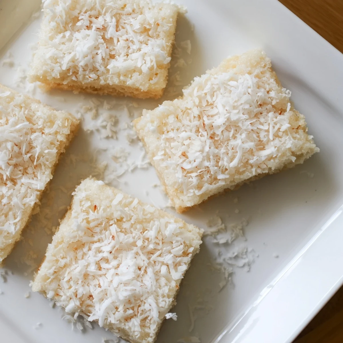 Slice of coconut mochi cake showing its soft, chewy texture and coconut flakes
