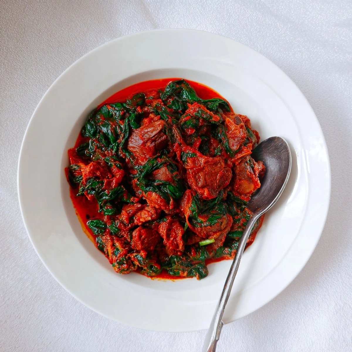 Golden bowl of savory Efo Riro Nigerian spinach stew with tender beef pieces