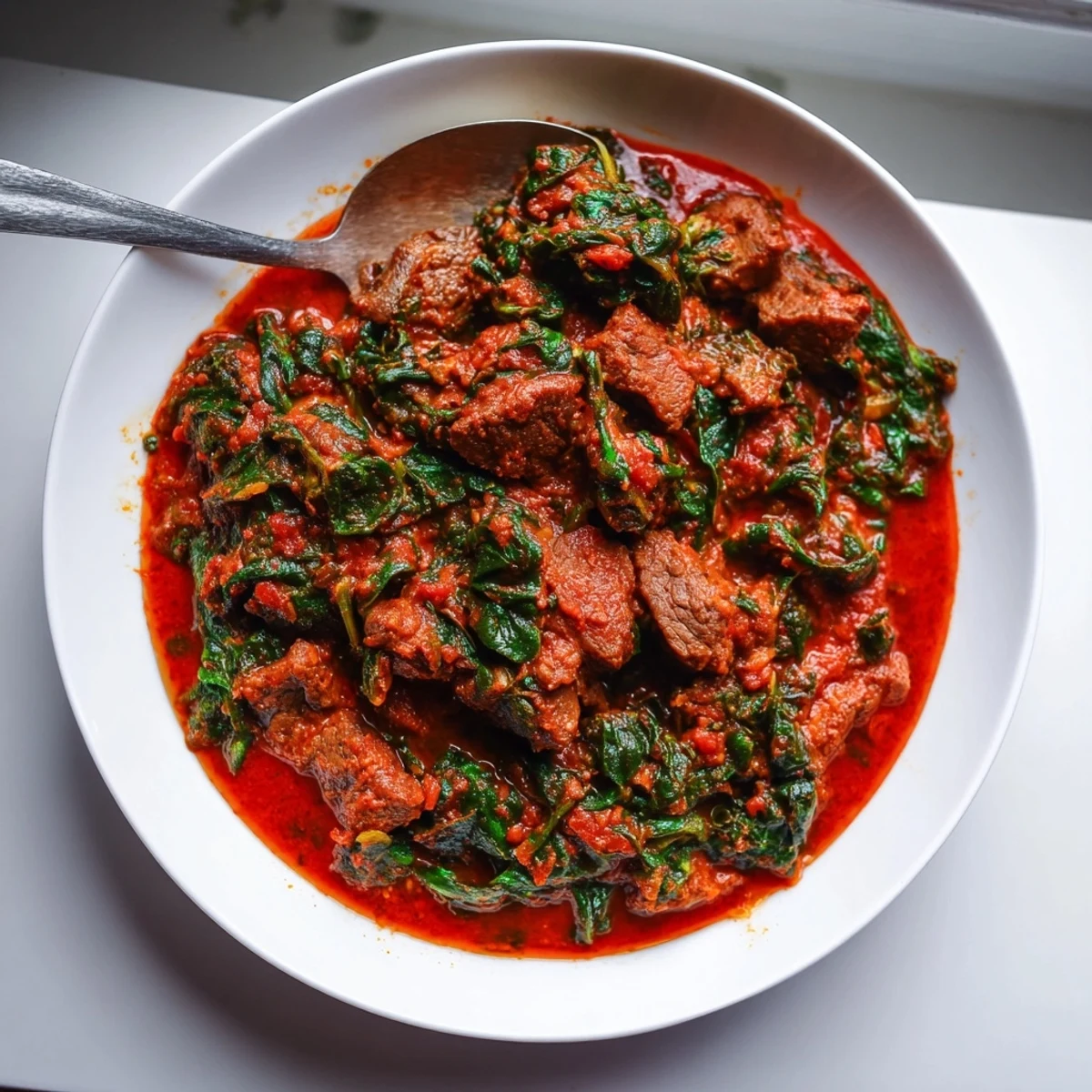 Rich Efo Riro Nigerian spinach stew featuring vibrant green leaves in red tomato sauce