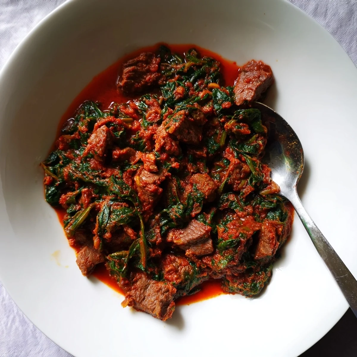 Hearty Nigerian Efo Riro spinach beef stew served in traditional white bowl