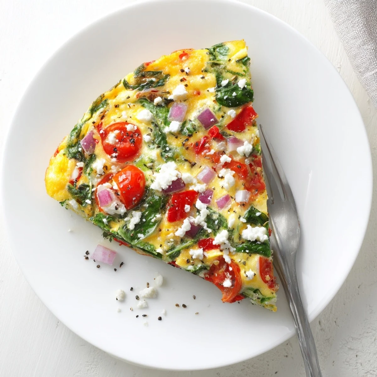 Sliced vegetable-packed crustless quiche featuring bell peppers and feta on a white plate