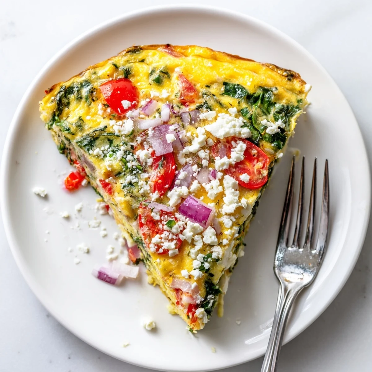 Golden healthy crustless quiche with colorful spinach, tomatoes, and melted cheese topping
