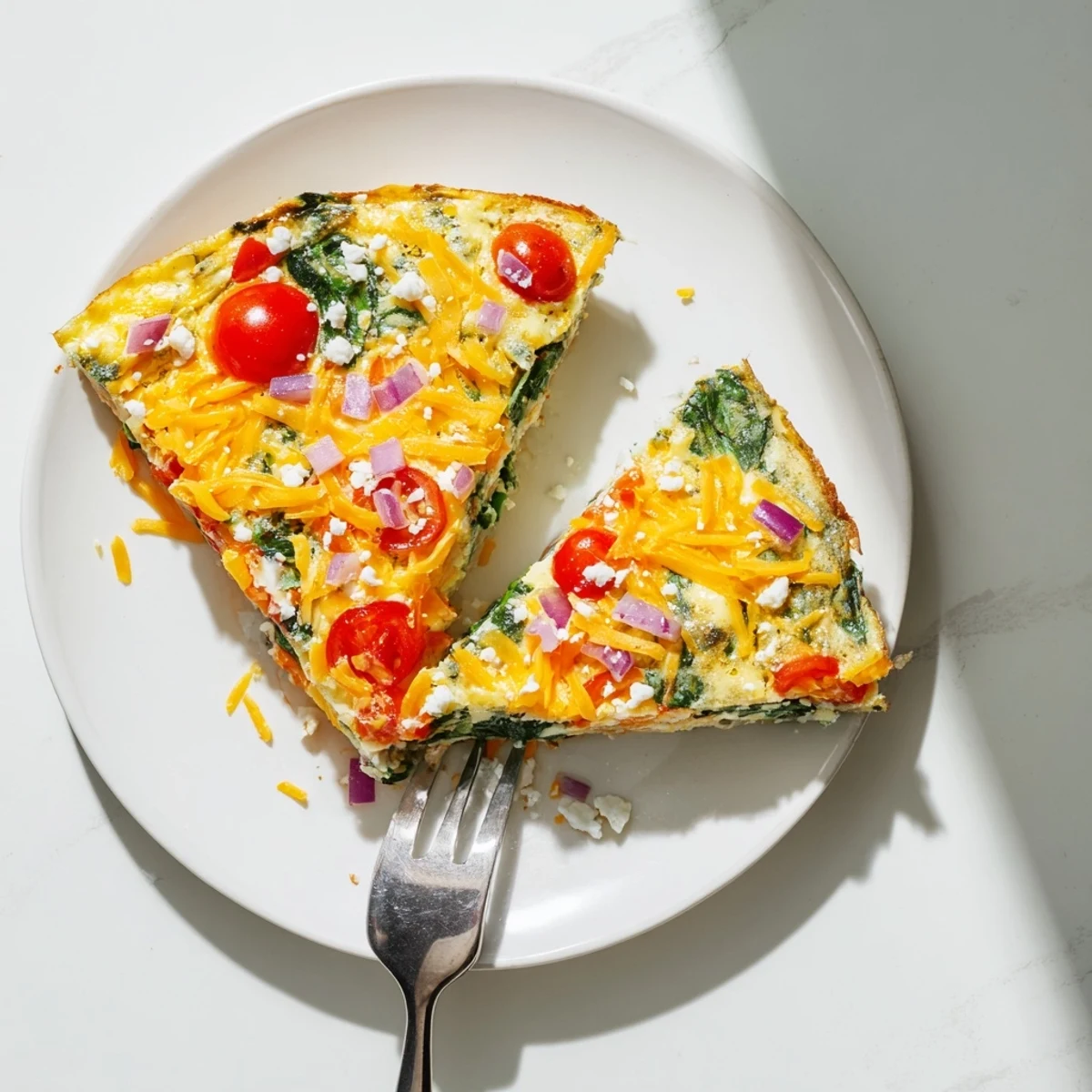 Fluffy healthy crustless quiche baked until golden with vibrant cherry tomato and spinach layers