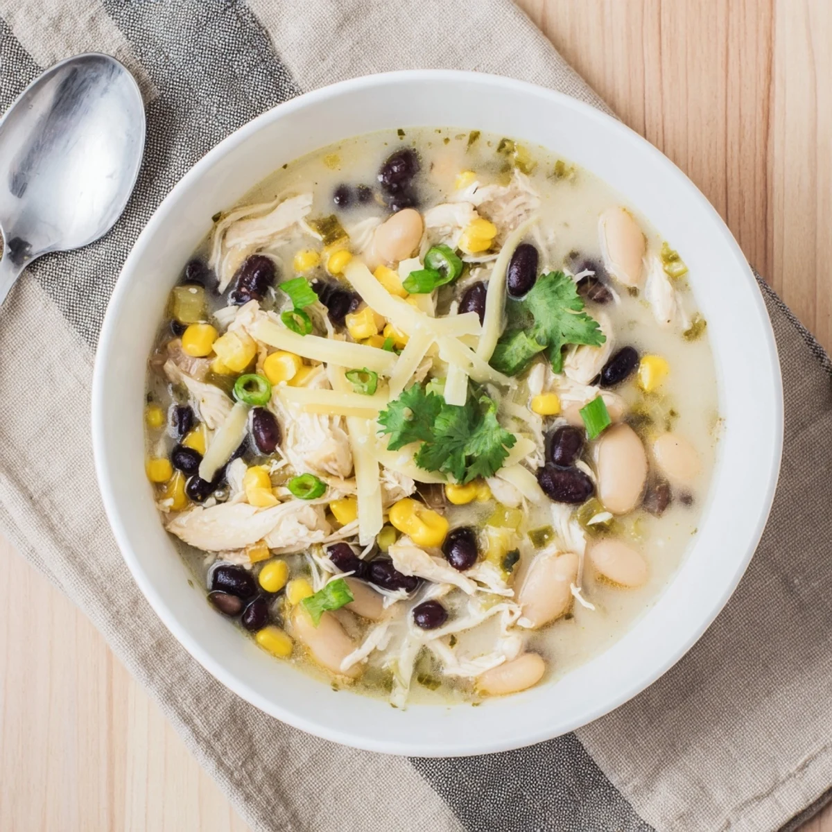 Bowl of thick white chicken chili loaded with black beans and tender shredded chicken