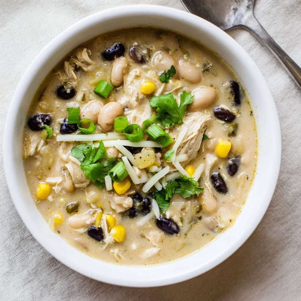 Creamy white chicken chili with black beans garnished with fresh cilantro and cheese