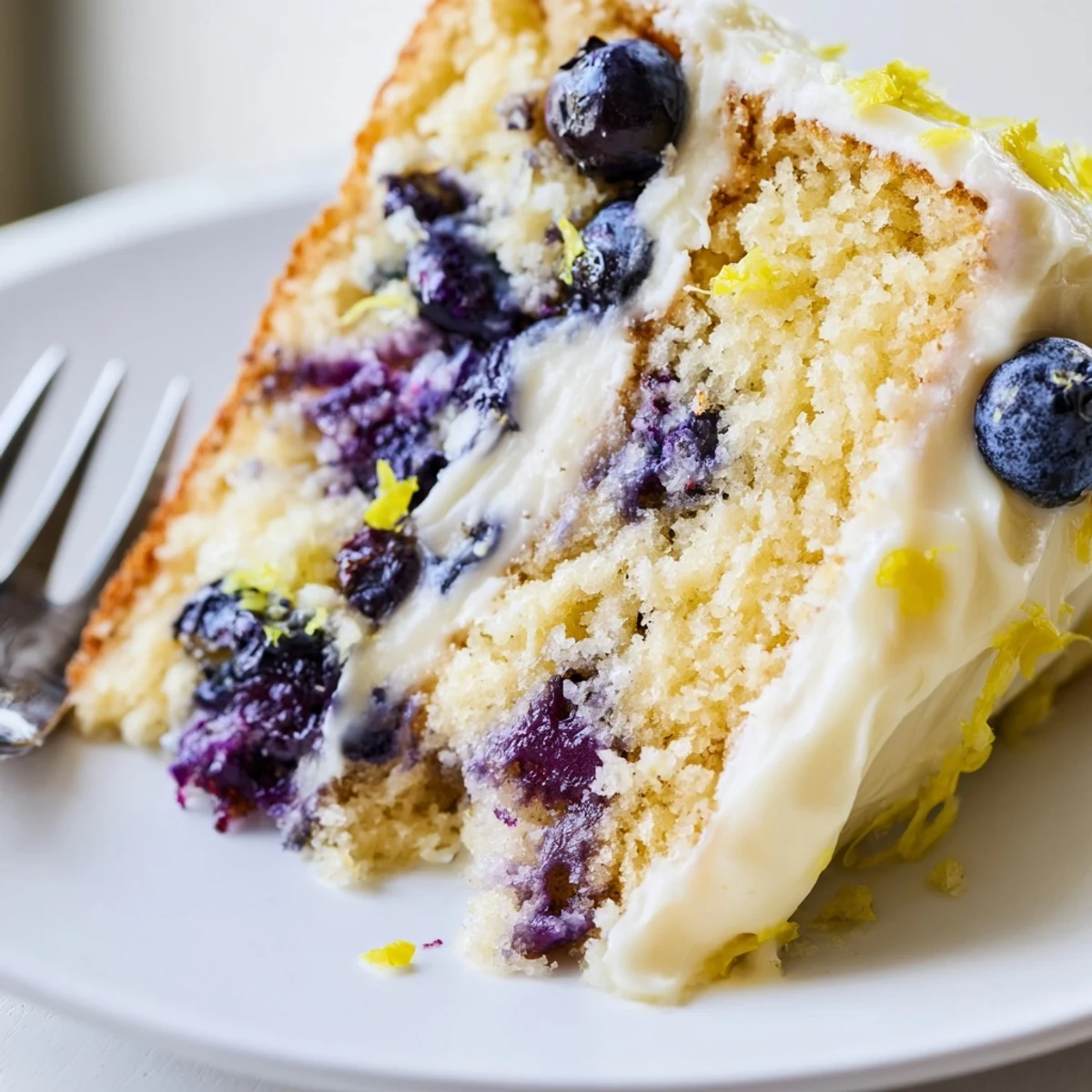 Golden slice of lemon blueberry cake topped with creamy frosting and fresh blueberries