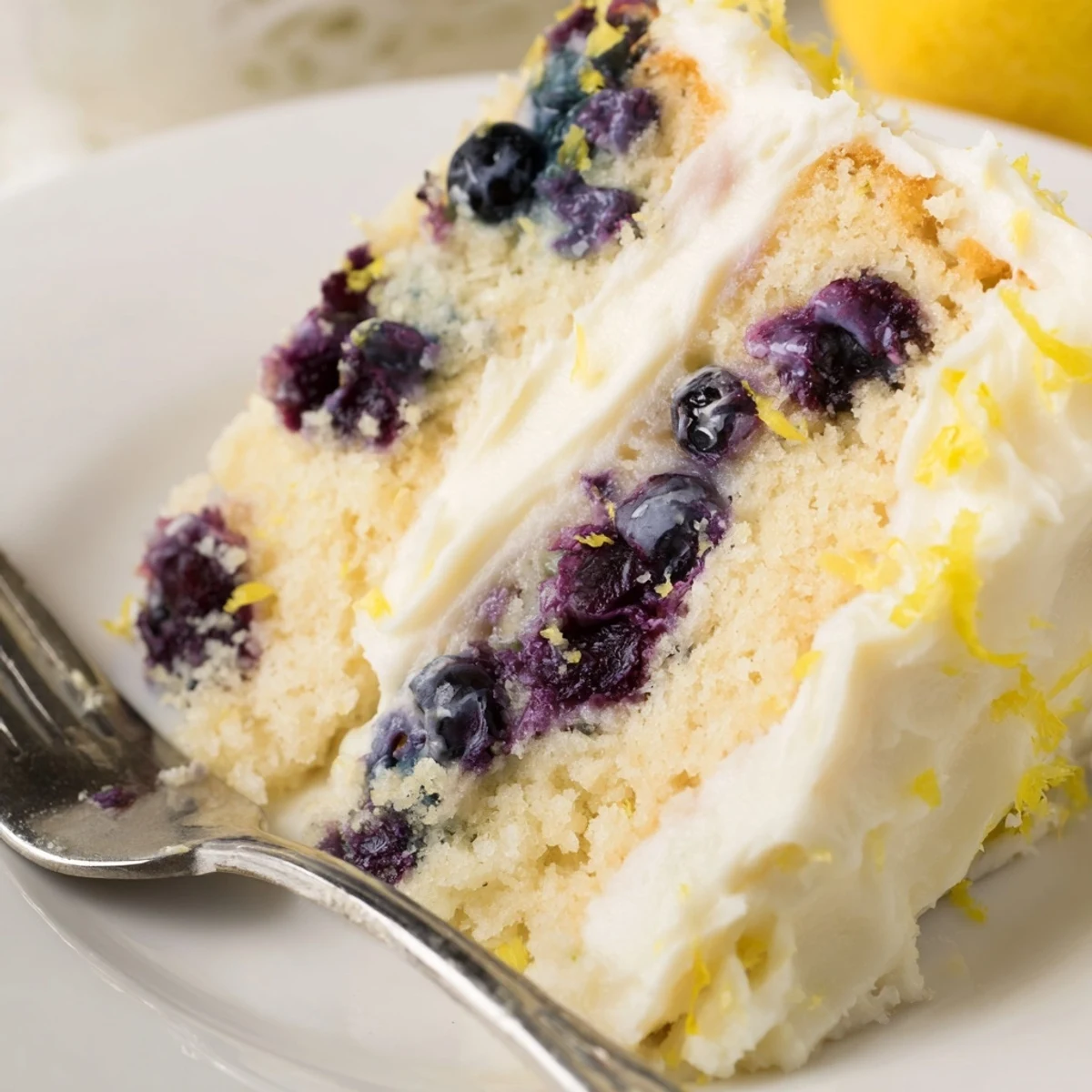 Two-layer lemon blueberry cake with tangy cream cheese frosting and lemon zest garnish