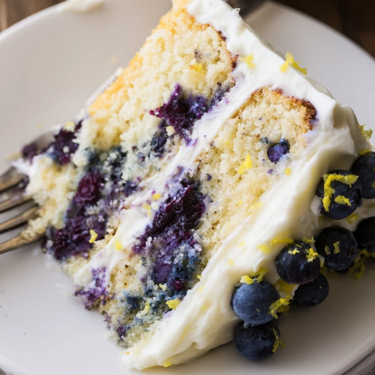 Moist lemon blueberry cake slice revealing purple berries and bright yellow citrus interior