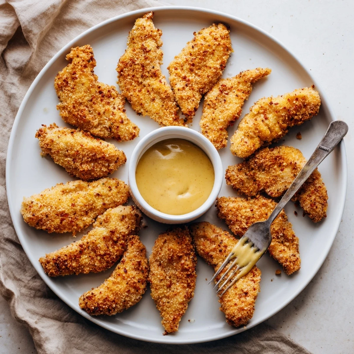 Golden brown homemade chicken tenders with crispy breadcrumb coating ready for dipping