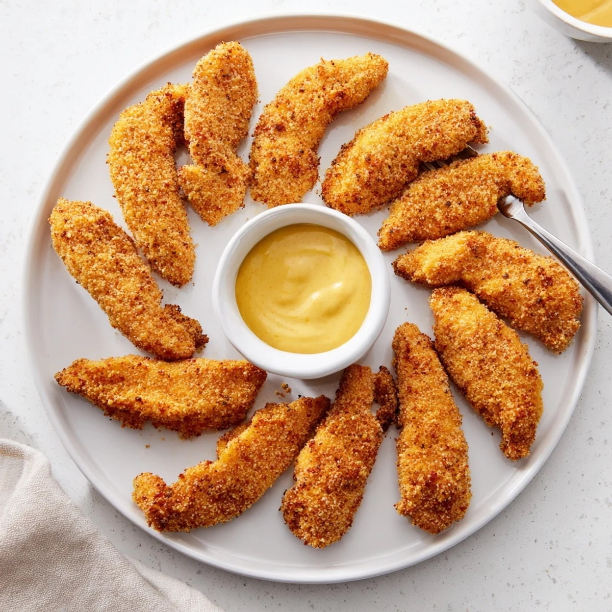 Juicy fried chicken tenders arranged on serving plate with honey mustard sauce