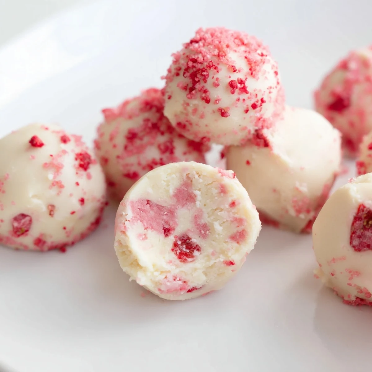 Rich low-carb strawberry cheesecake fat bombs rolled in crushed freeze-dried strawberries for a tart coating