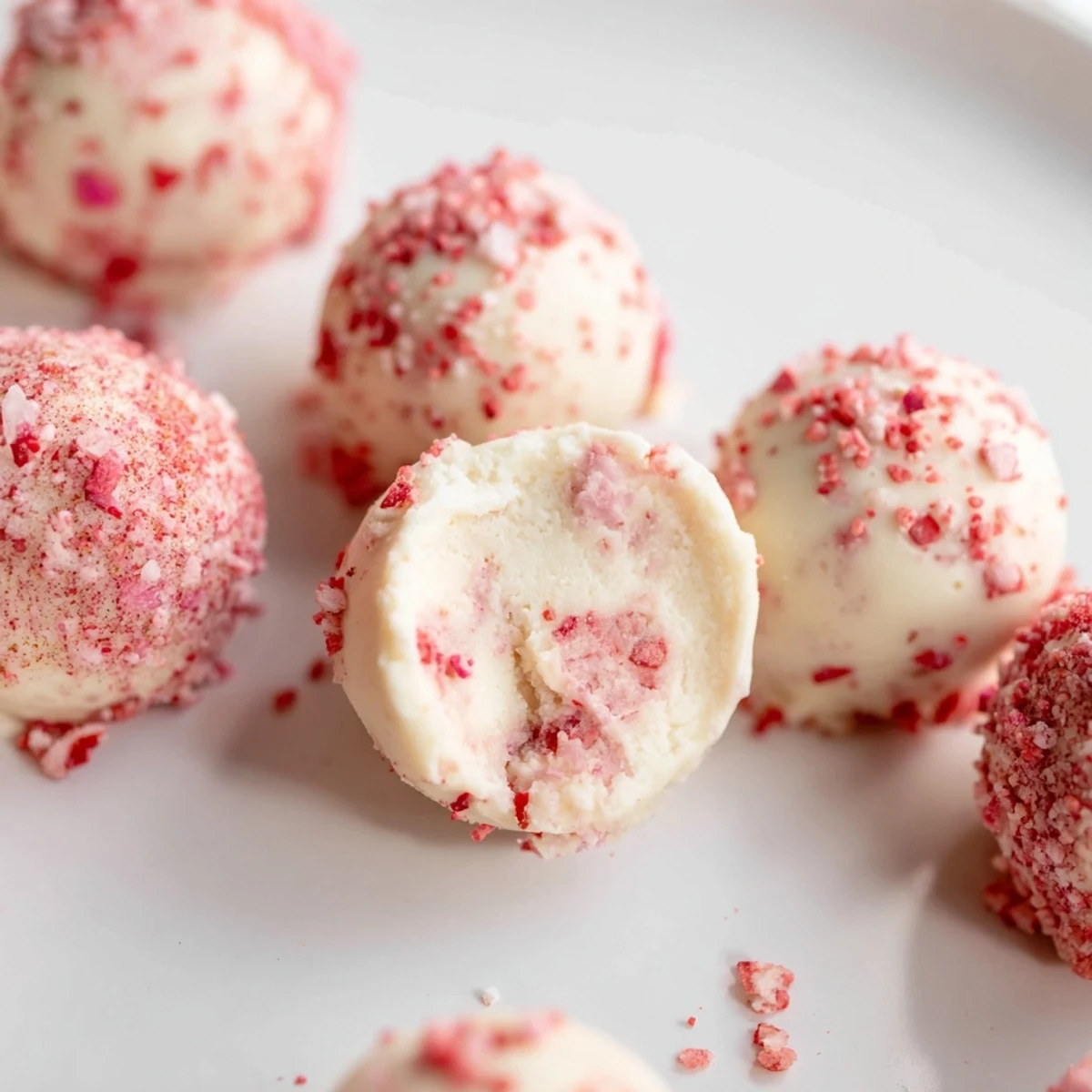 Creamy keto strawberry cheesecake fat bombs garnished with fresh strawberry chunks on a white plate