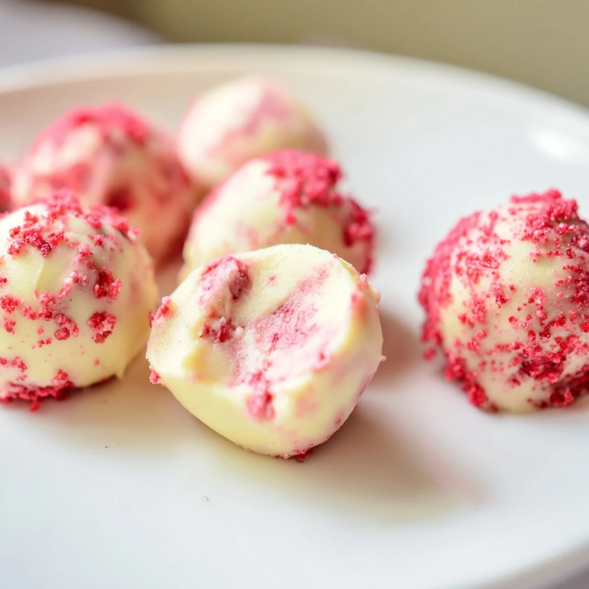 Bite-sized keto strawberry cheesecake fat bombs arranged on parchment paper with pink strawberry pieces visible inside