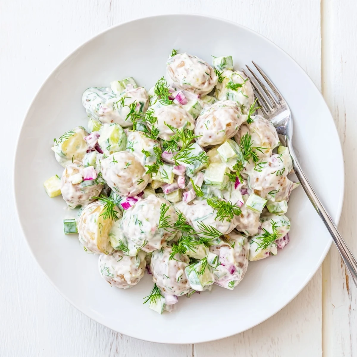 Summer side dish of Greek yogurt potato salad topped with chopped parsley and served chilled for picnics