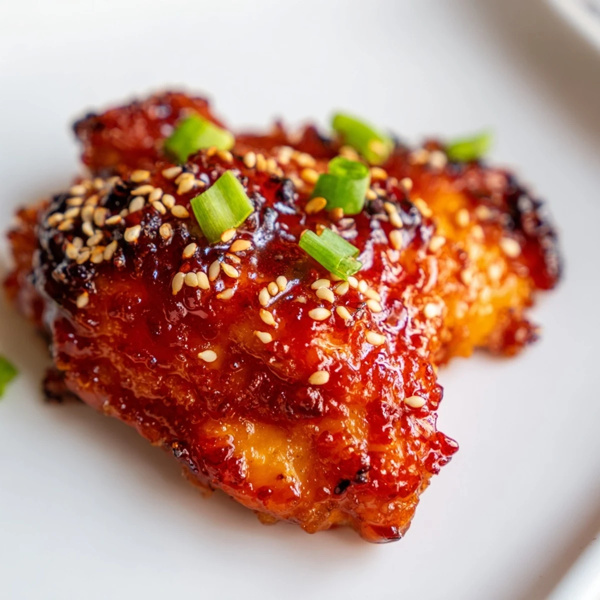 Crispy sweet chili air fryer chicken thighs glazed with sticky red sauce and sesame seeds