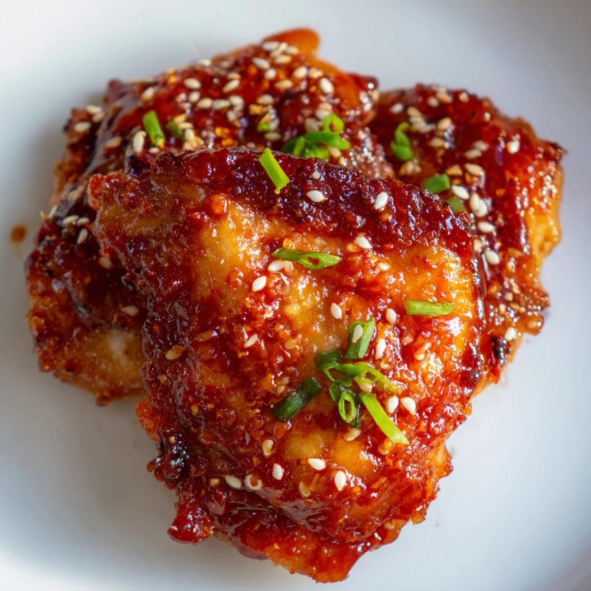 Golden brown chicken thighs coated in sweet chili glaze cooked to perfection in air fryer