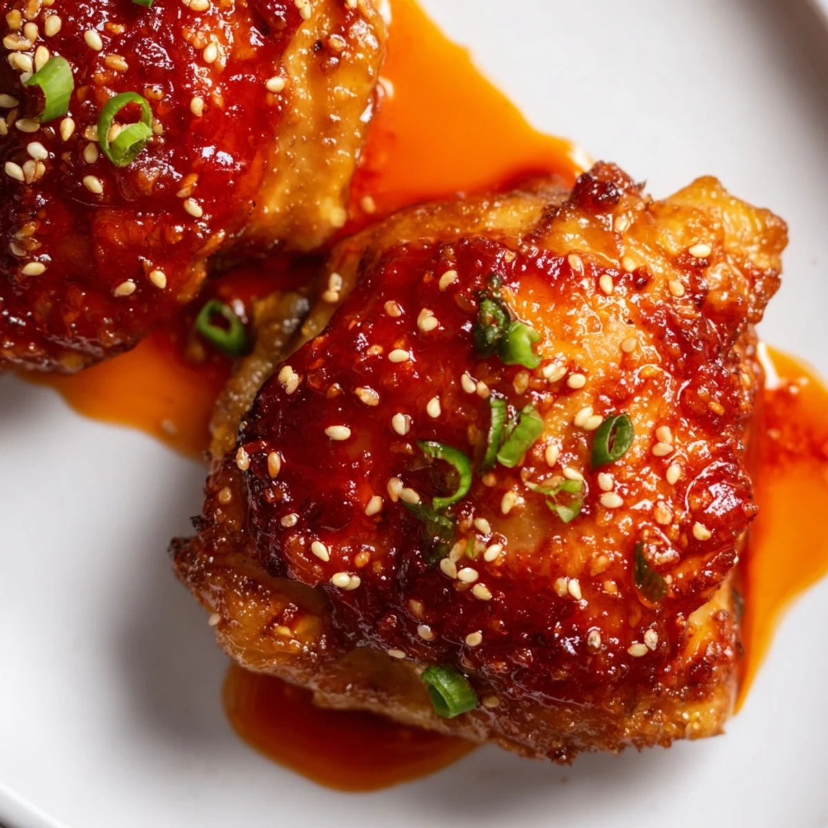 Juicy air fried chicken thighs brushed with sweet spicy glaze and garnished with fresh cilantro