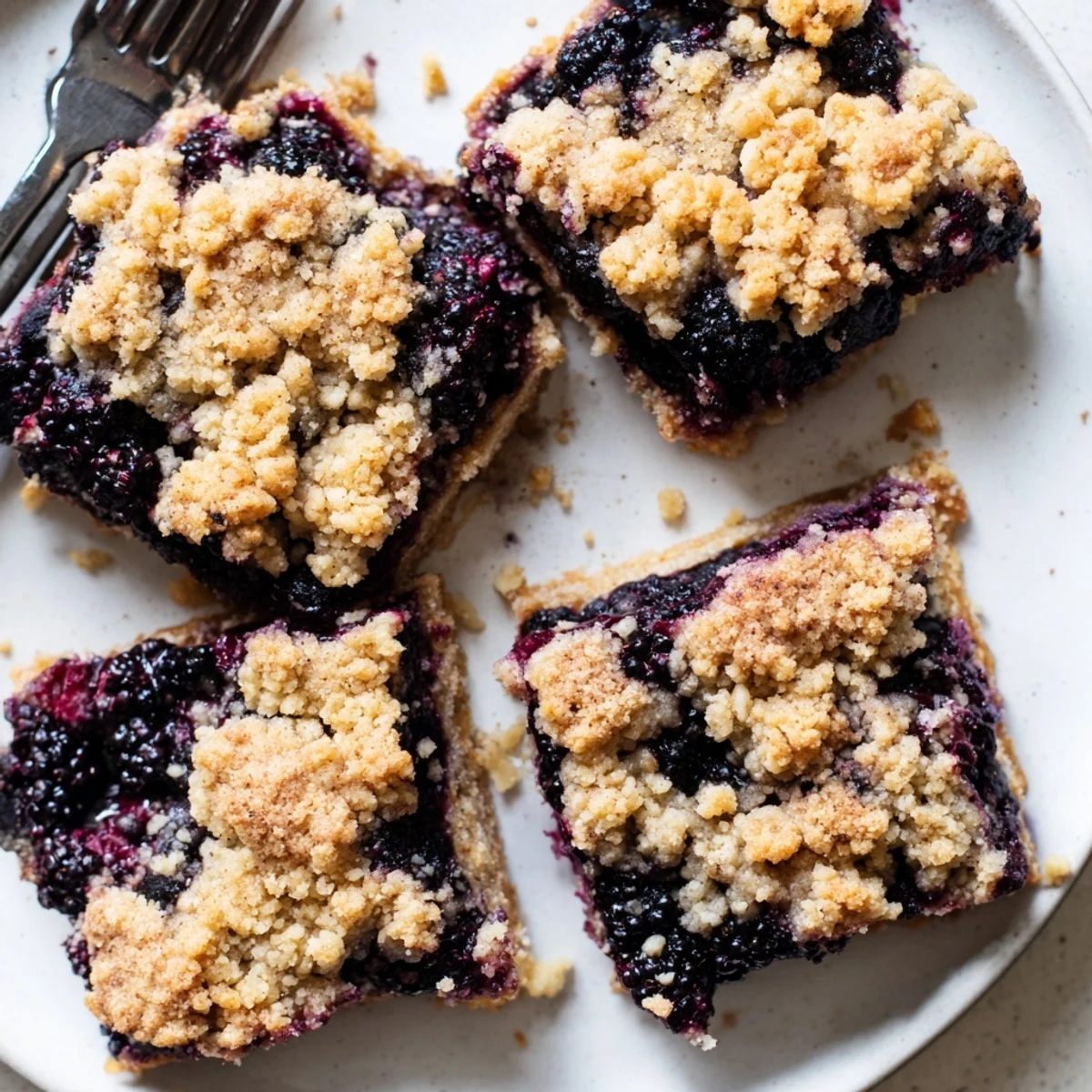 Golden blackberry crumble bars with bubbling fruit filling and buttery crumb topping